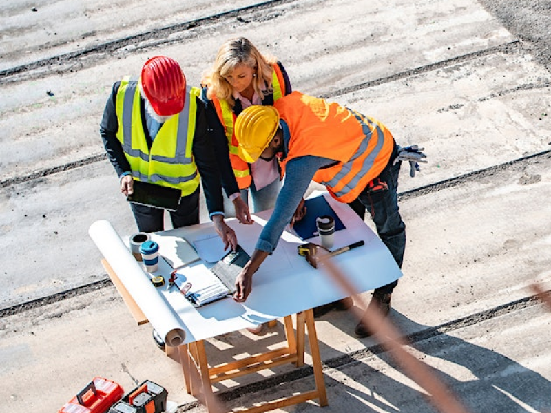 Pictured: 3 people overhead drafting table reviewing construction plans